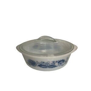 VTG Glasbake White Blue Floral Casserole Dish Oven Safe Lid Serving Bakeware